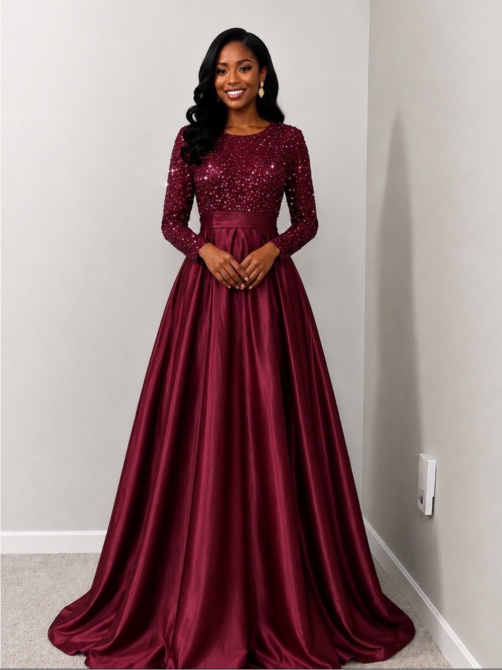 Burgundy Long Sleeve Beaded Satin Ball Gown with a back zip